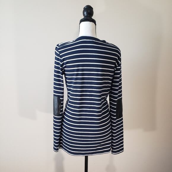 Pixley Greenich Women's L Navy & White Striped Knit Top With Leather Elbow Patch - Picture 7 of 7